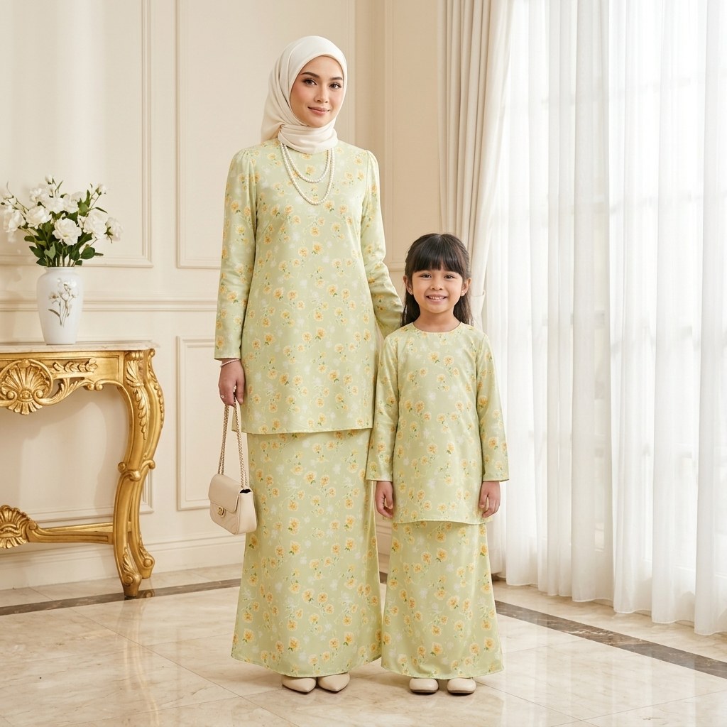 QAYRAA Baju Kurung sedondon ibu dan anak, floral hijau lembut